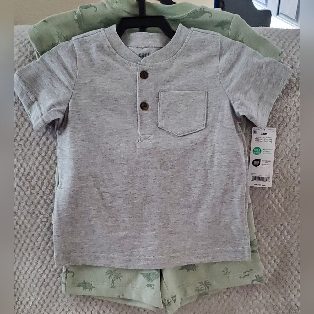 Carter's Green Dinosaur Print Onsie, Shorts, Gray Henley Tee 3 Pc Set Sz 12 Mo
